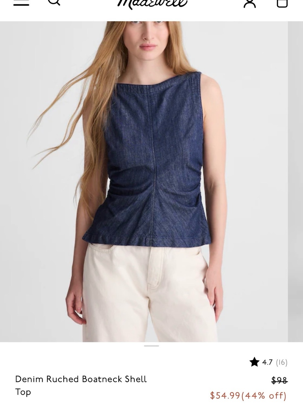 Madewell Indigo Blue Denim Ruched Boatneck Shell, size 10
